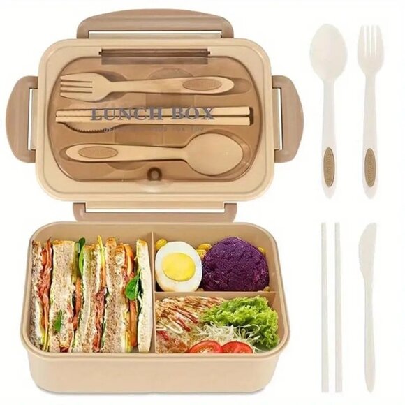 Lunch Box Bento W/Cutlery, 3 Compartment, Microwavable, Leak-Proof NEW - Picture 2 of 4